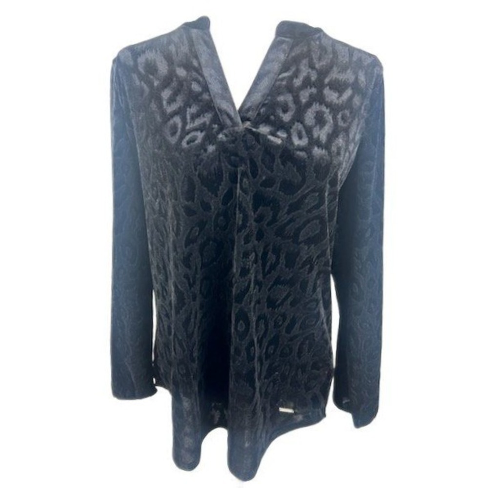 New Anne Klein Black Leopard Velvet Long Sleeve Tunic Blouse Top Size Large